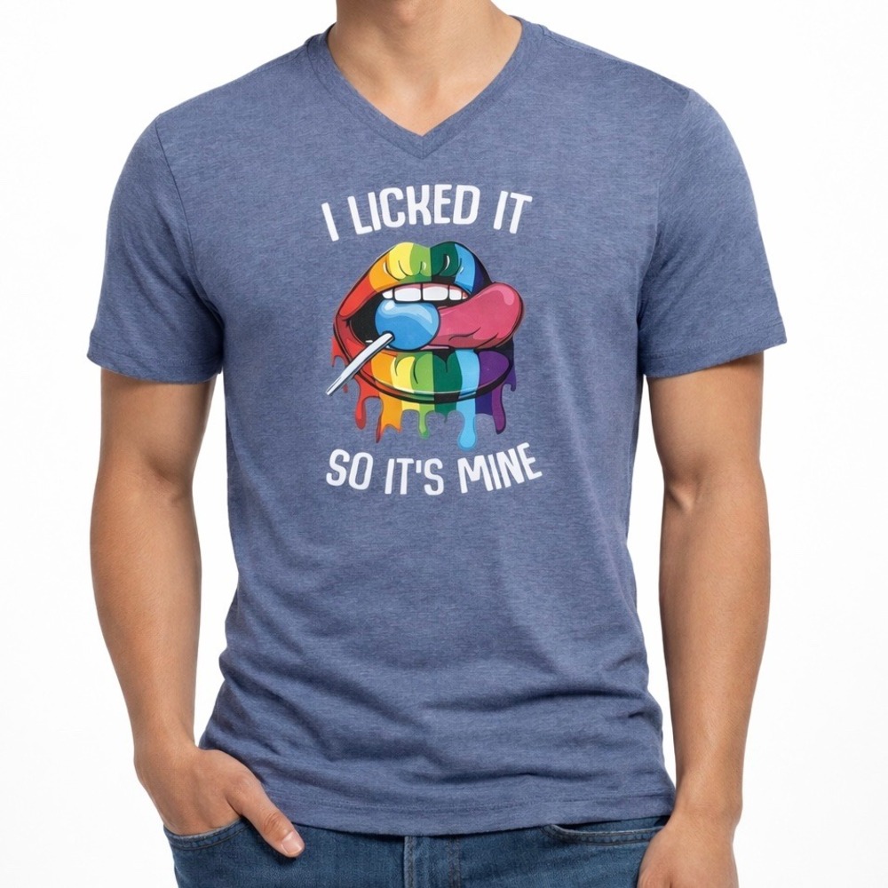Graphic Tee I Licked It So Its Mine Rainbow Lips V Neck T Shirt Blue Size S